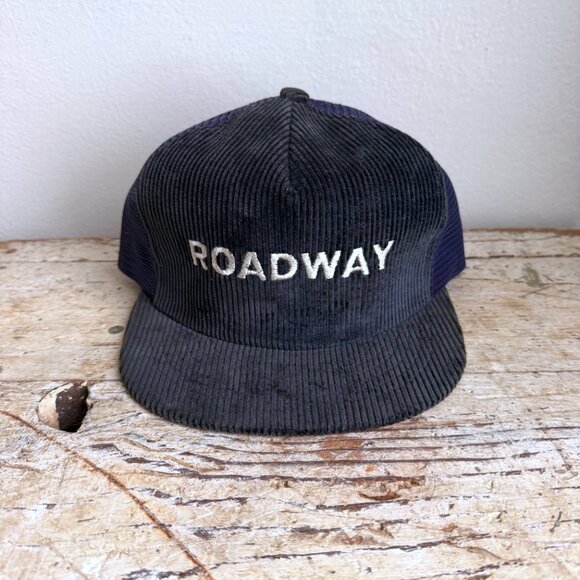 Vintage ROADWAY Corduroy Trucker Hat Navy Blue Mesh Snapback Swingster - Picture 2 of 7